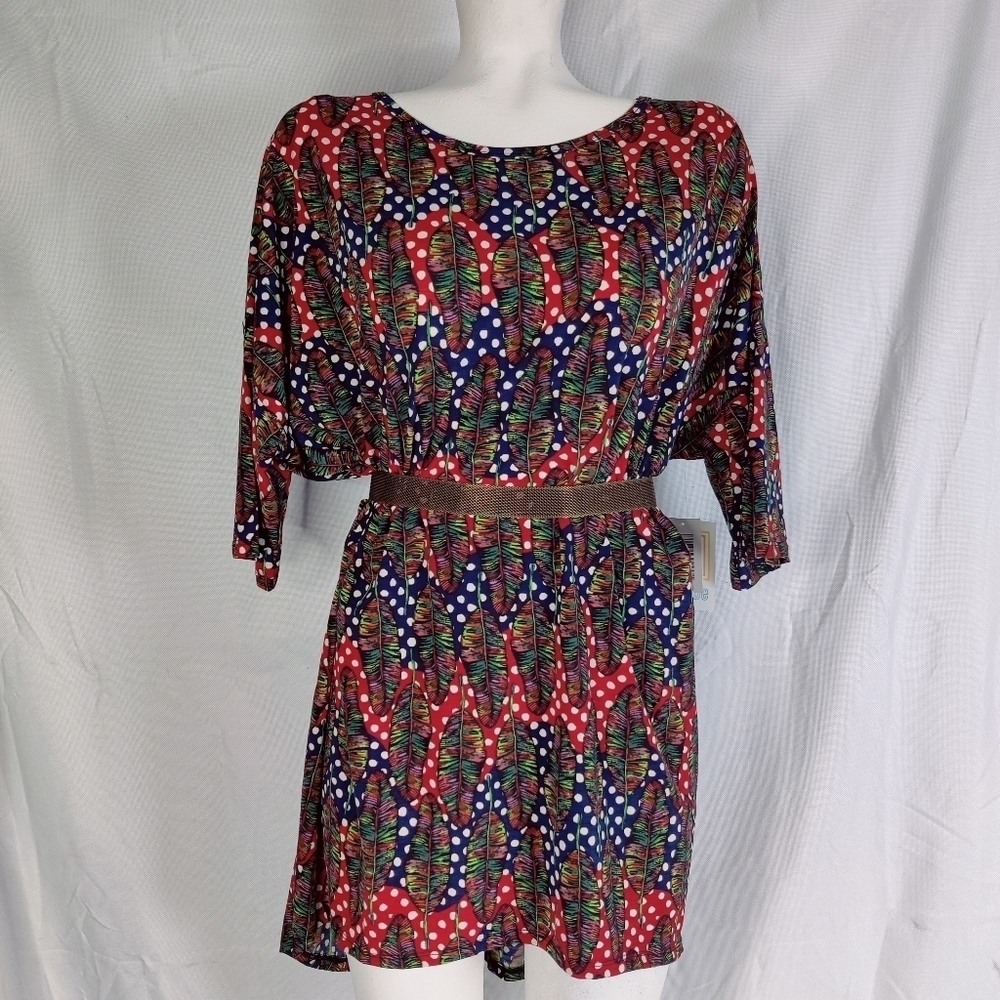 NEW LuLaRoe "Irma" Tunic Top T Tee Shirt Dress Womens Sz XL Feathers Red Blue - Picture 8 of 16